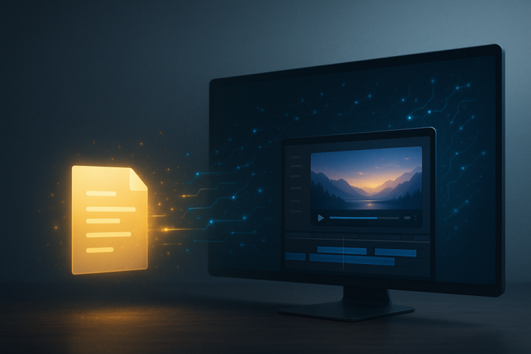 IA génératrice video transformant un script en projet visuel sur écran d’ordinateur.