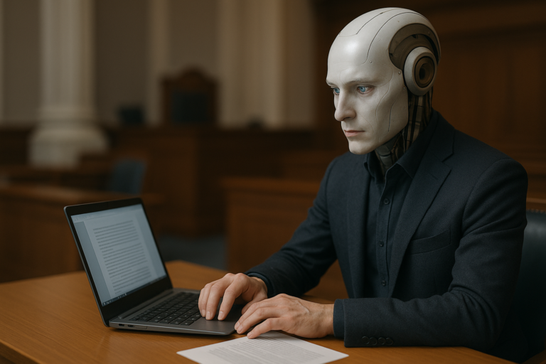 IA juridique gratuit : un robot humanoïde en costume travaille sur un ordinateur portable dans une salle d’audience, illustrant l’usage de l’intelligence artificielle dans le domaine juridique.