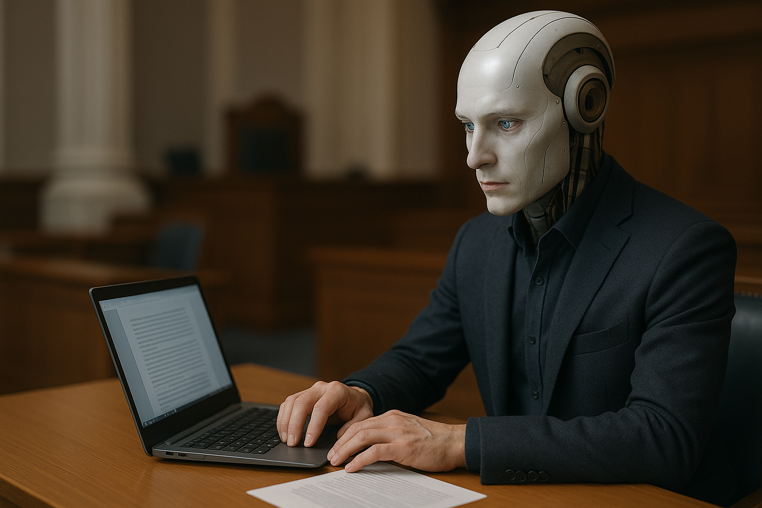 IA juridique gratuit : un robot humanoïde en costume travaille sur un ordinateur portable dans une salle d’audience, illustrant l’usage de l’intelligence artificielle dans le domaine juridique.