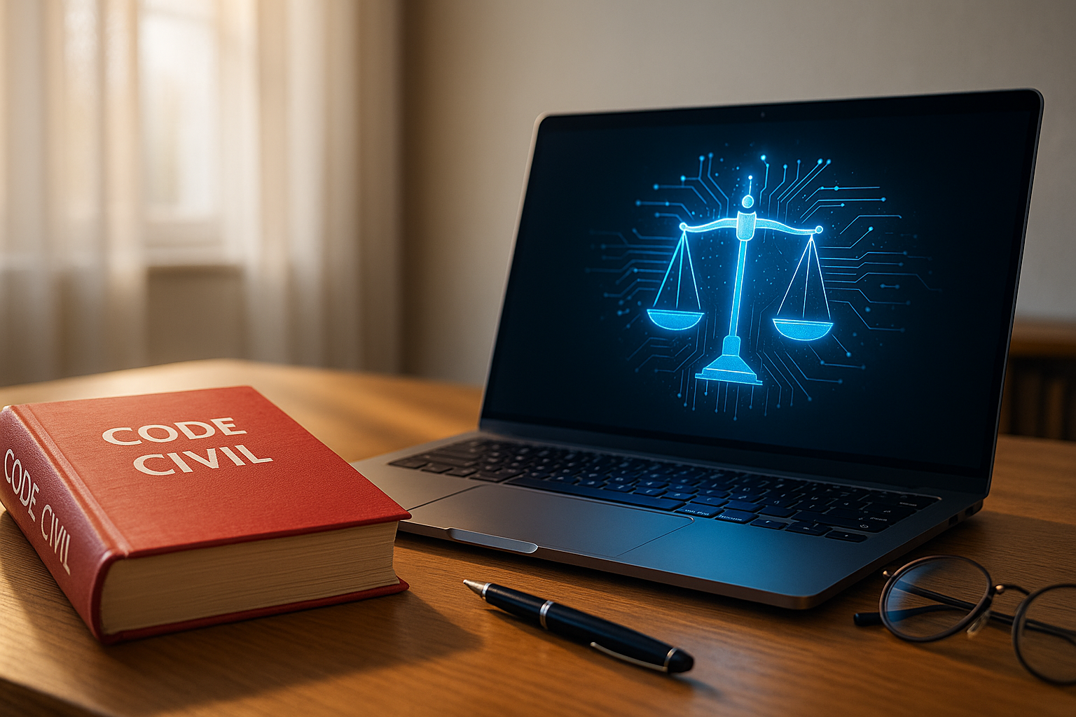 IA juridique : sur un bureau d’avocat, un Code civil rouge côtoie un ordinateur affichant une balance holographique bleue, symbolisant l’alliance entre droit français et intelligence artificielle.