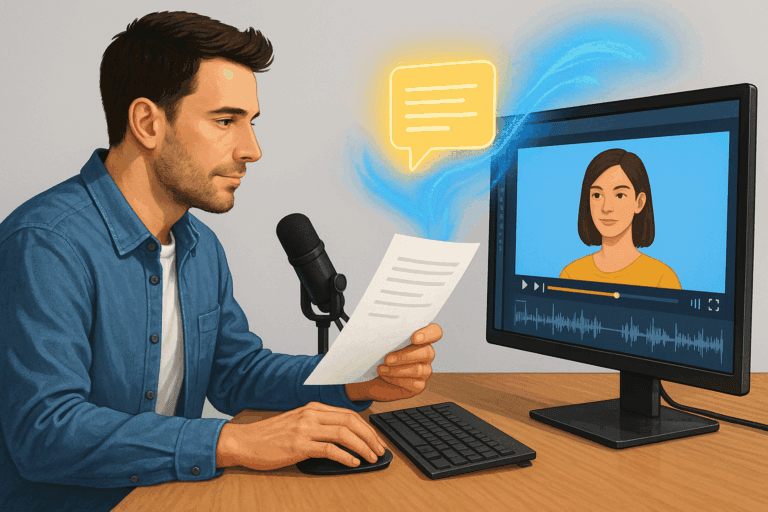 ia montage vidéo gratuit – Un jeune homme lit un texte face à un écran d’ordinateur où s’affiche un avatar féminin généré par l’IA, illustrant la transformation d’un contenu écrit en vidéo professionnelle.