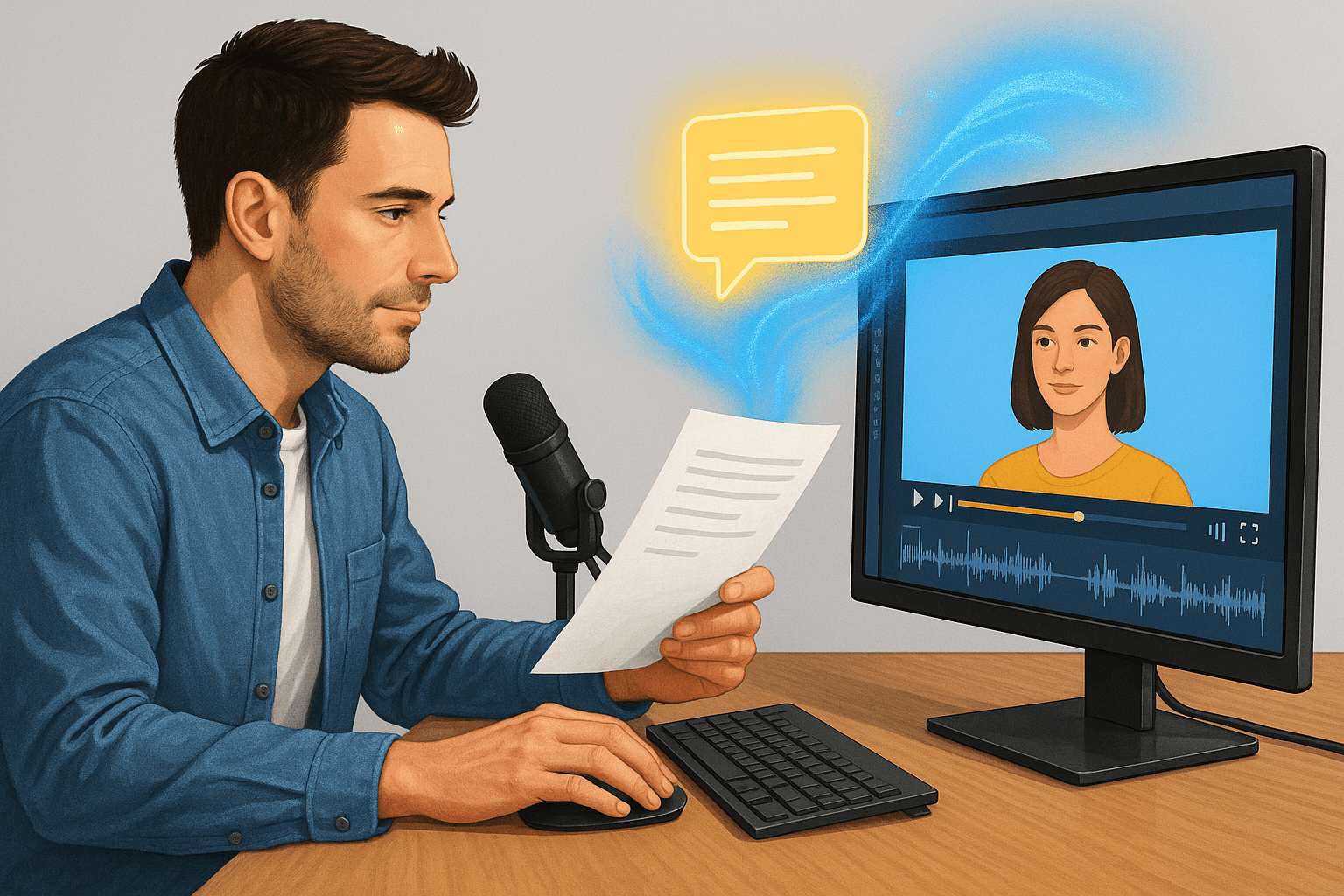 ia montage vidéo gratuit – Un jeune homme lit un texte face à un écran d’ordinateur où s’affiche un avatar féminin généré par l’IA, illustrant la transformation d’un contenu écrit en vidéo professionnelle.