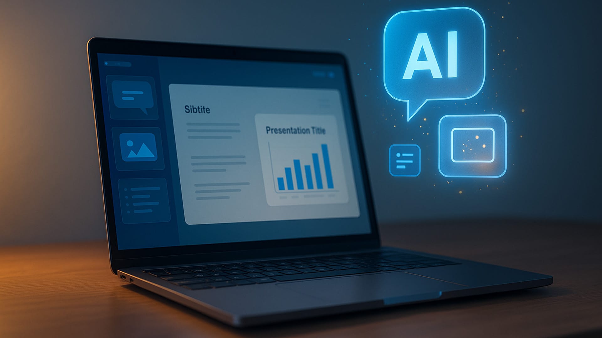 IA pour faire des PowerPoint : illustration réaliste d’un ordinateur portable affichant une présentation automatisée, avec des icônes d’intelligence artificielle en surimpression.