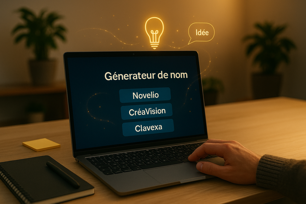 IA pour trouver un nom d'entreprise : un utilisateur interagit avec une application d’intelligence artificielle sur ordinateur portable, générant des idées de noms d’entreprise dans un environnement moderne et lumineux.