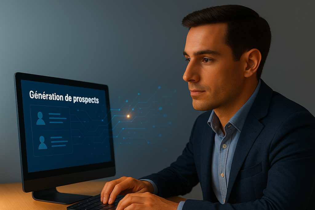 IA prospection : un professionnel en pleine génération de prospects sur ordinateur, concentré devant un écran affichant des données liées à la prospection commerciale assistée par l’intelligence artificielle.