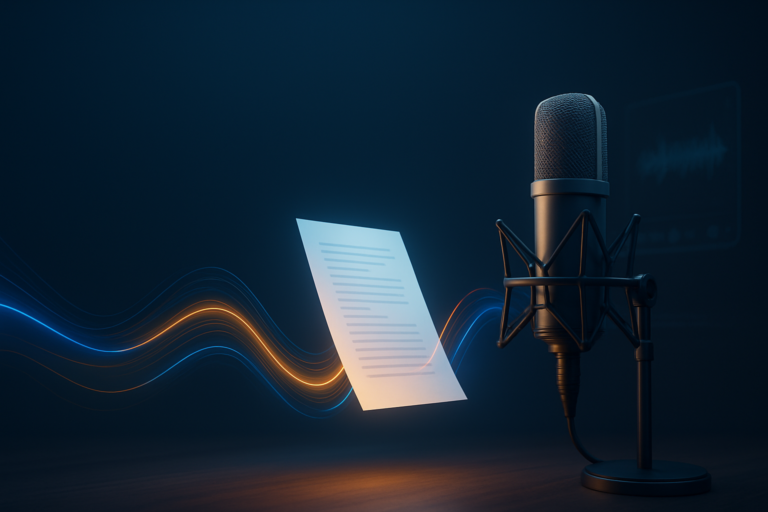 IA qui chante un texte : un micro de studio captant une feuille lumineuse, symbolisant la transformation de mots en voix chantée grâce à l’intelligence artificielle.