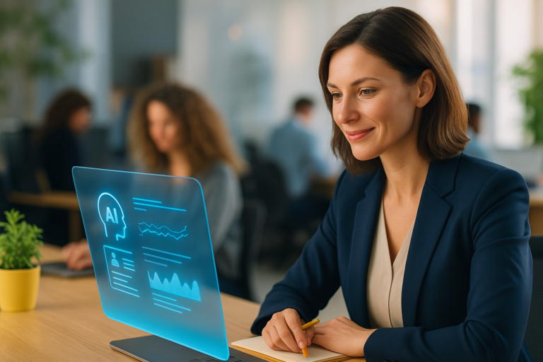 IA ressources humaines : une femme professionnelle interagit avec une interface numérique intelligente, symbolisant l’intégration de l’intelligence artificielle dans la gestion RH moderne.