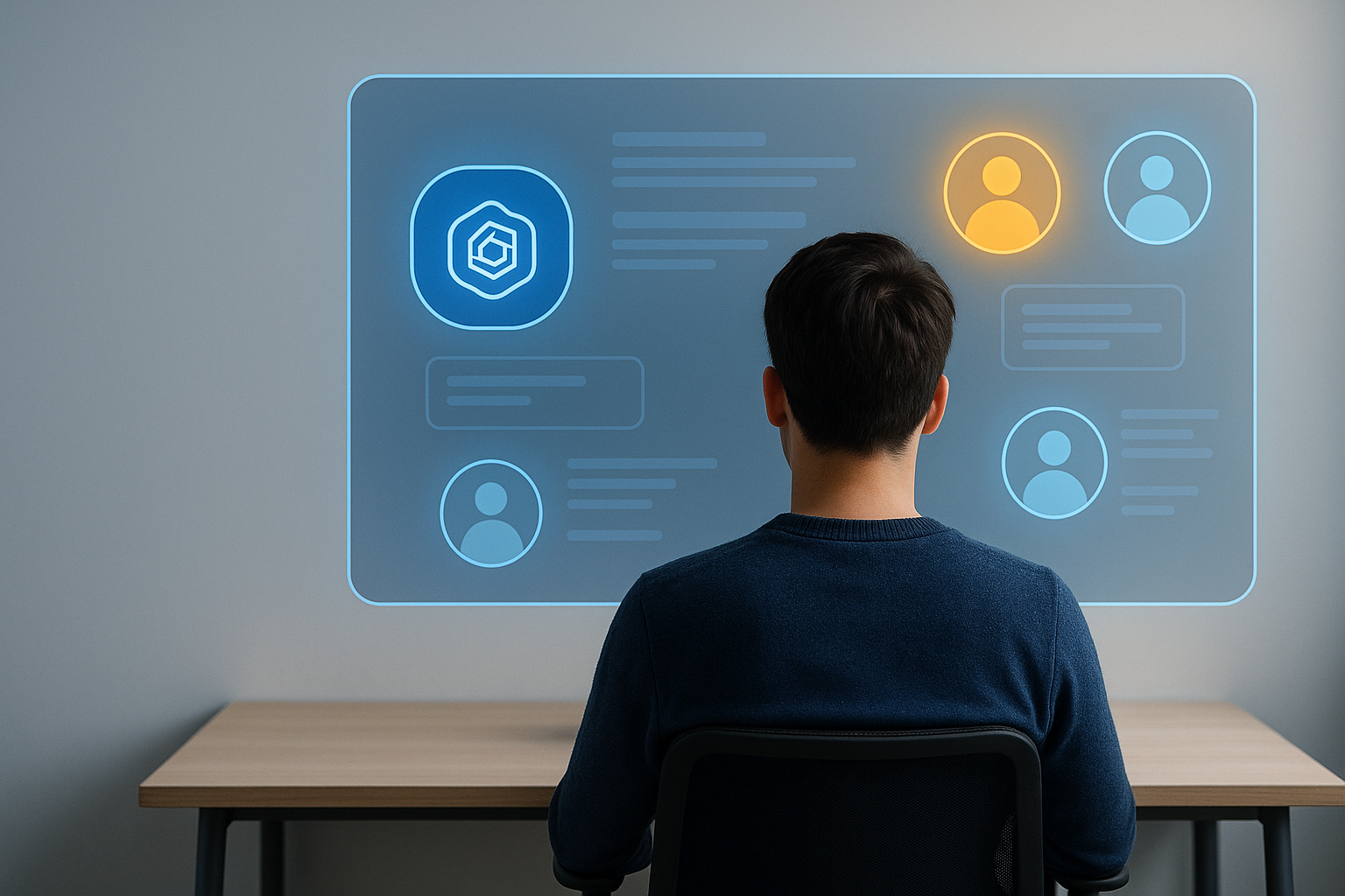 La meilleure Alternative ChatGPT illustrée par un utilisateur consultant une interface holographique d’IA dans un environnement futuriste clair et technologique.