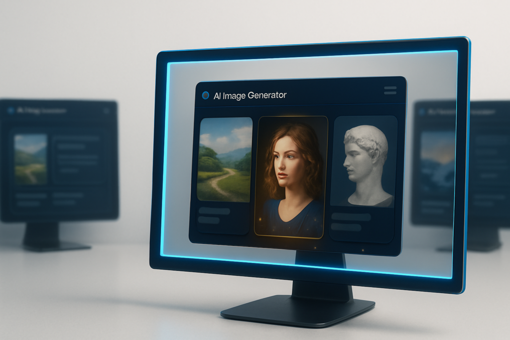 Meilleur GENERATEUR Image IA Gratuit affiché sur un écran d’ordinateur, illustrant une interface avec plusieurs résultats visuels générés automatiquement, dont un portrait réaliste mis en avant.