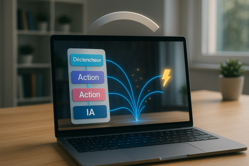 No code et IA : un ordinateur portable affiche un workflow visuel où des blocs colorés s’enchaînent automatiquement, illustrant la création d’une application sans coder.