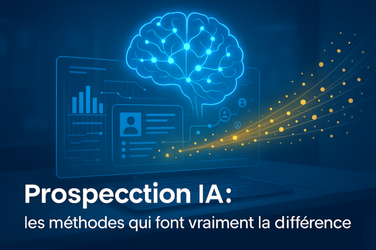 Prospection IA illustrée par une interface futuriste avec cerveau numérique et données de leads.
