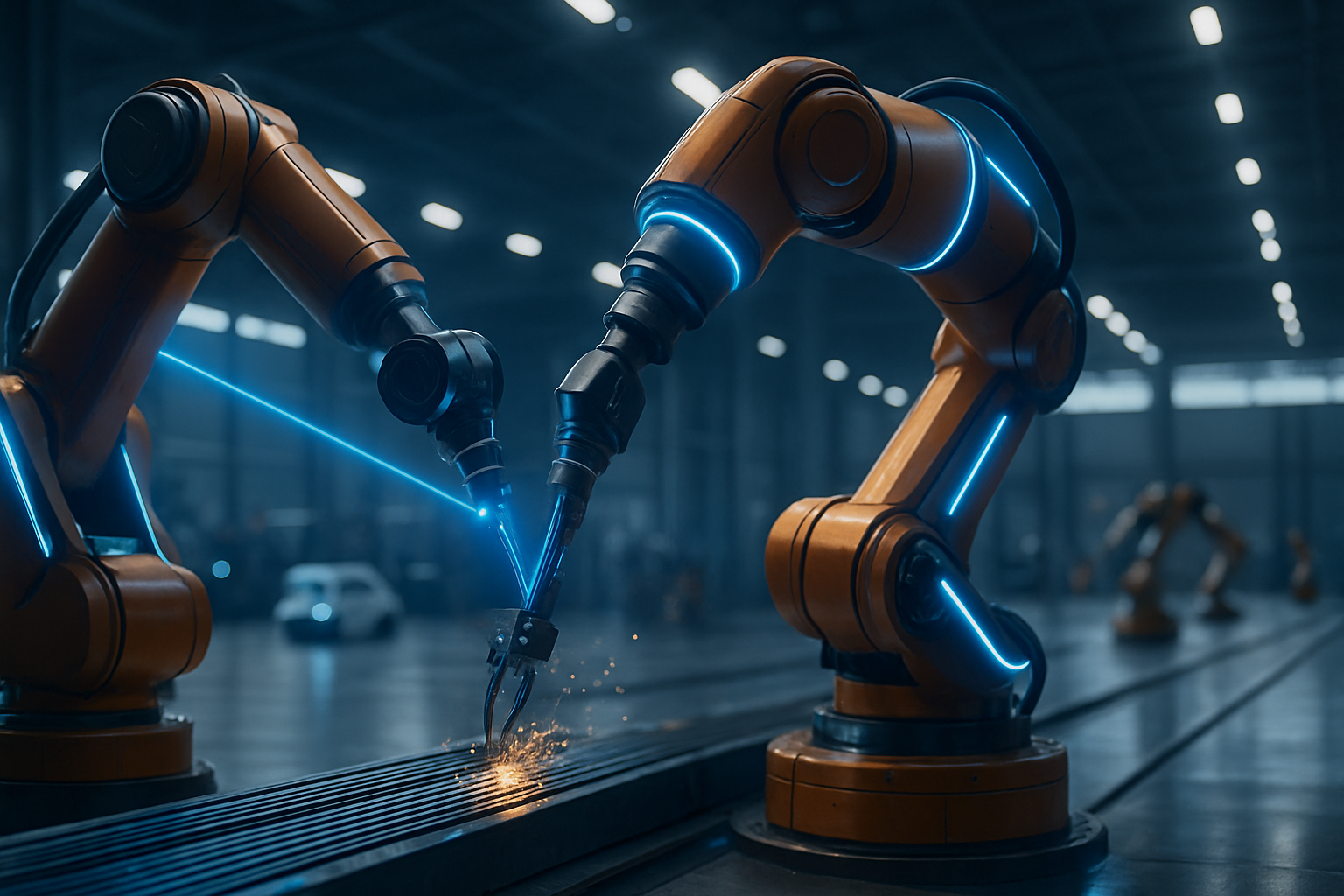 Robotique IA : deux bras robotisés en action sur une chaîne de production, reliés par un faisceau lumineux bleu et projetant des étincelles dorées pour illustrer la précision industrielle.