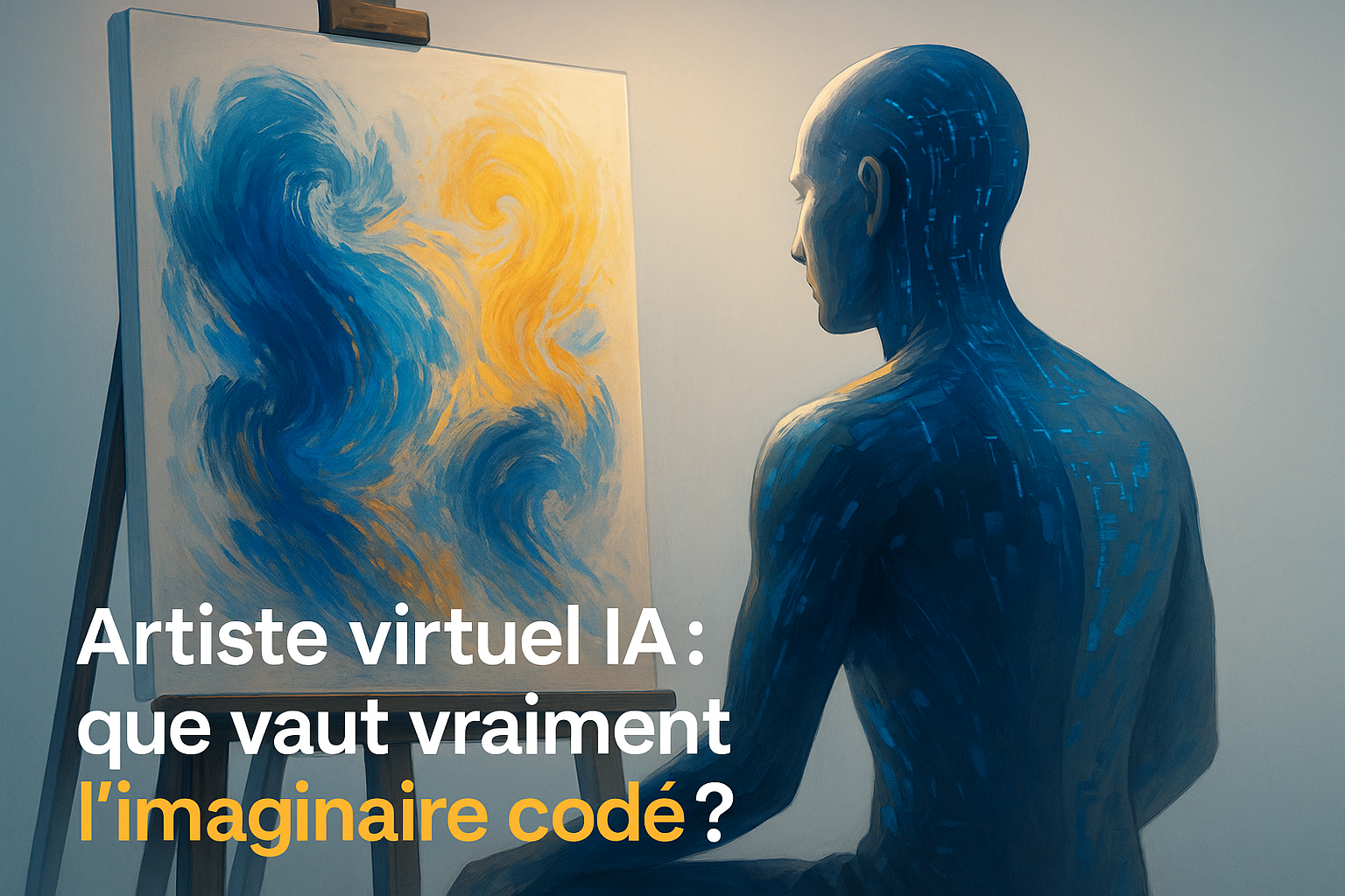 Artiste virtuel IA en train de peindre une œuvre abstraite générée par l’intelligence artificielle, mêlant formes numériques et touches colorées dans un atelier lumineux.