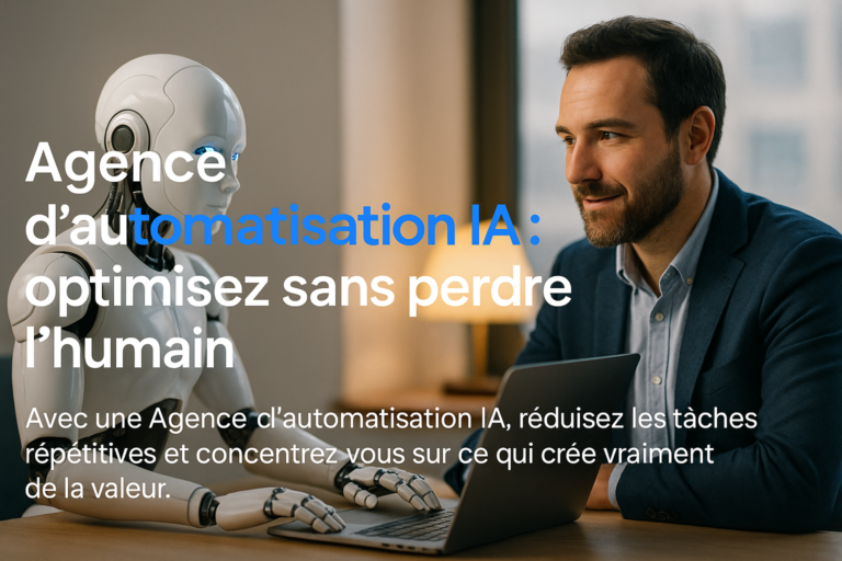 Agence d’automatisation IA : un professionnel échange avec un robot humanoïde dans un bureau moderne, illustrant l’équilibre entre technologie et relation humaine.
