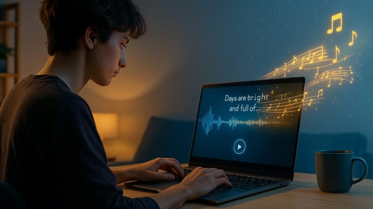 Générateur de chanson IA gratuit affiché sur l’écran d’un ordinateur portable, avec des notes de musique dorées flottant autour, symbolisant la création musicale assistée par intelligence artificielle dans un cadre moderne et chaleureux.