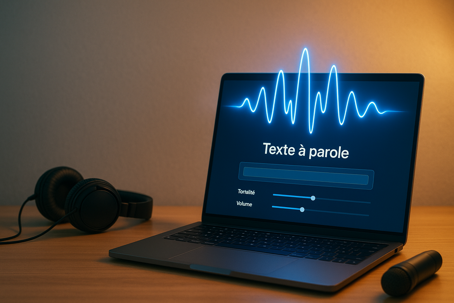 générateur de voix IA affiché sur un ordinateur portable, avec une interface en français et une onde audio lumineuse, posé sur un bureau moderne avec casque audio et micro.