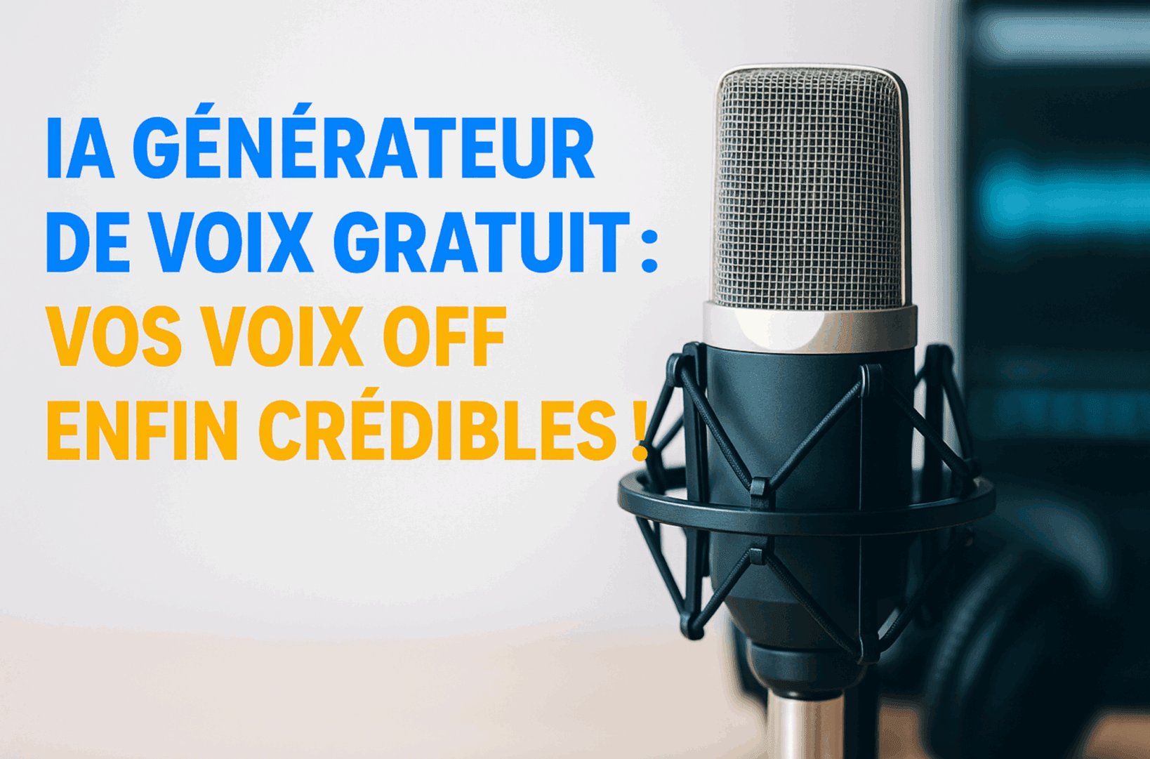 IA générateur de voix gratuit illustré par un micro professionnel en studio, symbolisant la synthèse vocale accessible pour créer des voix off de qualité.