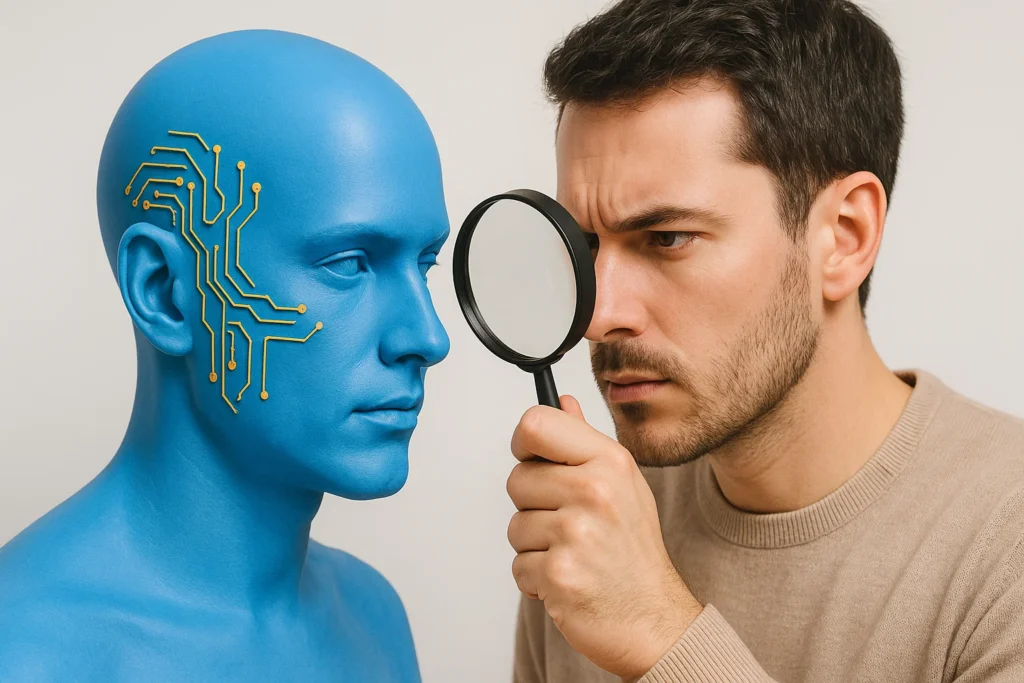 Actu IA illustrée par un homme scrutant un visage bleu aux circuits imprimés avec une loupe