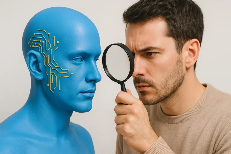 Actu IA illustrée par un homme scrutant un visage bleu aux circuits imprimés avec une loupe