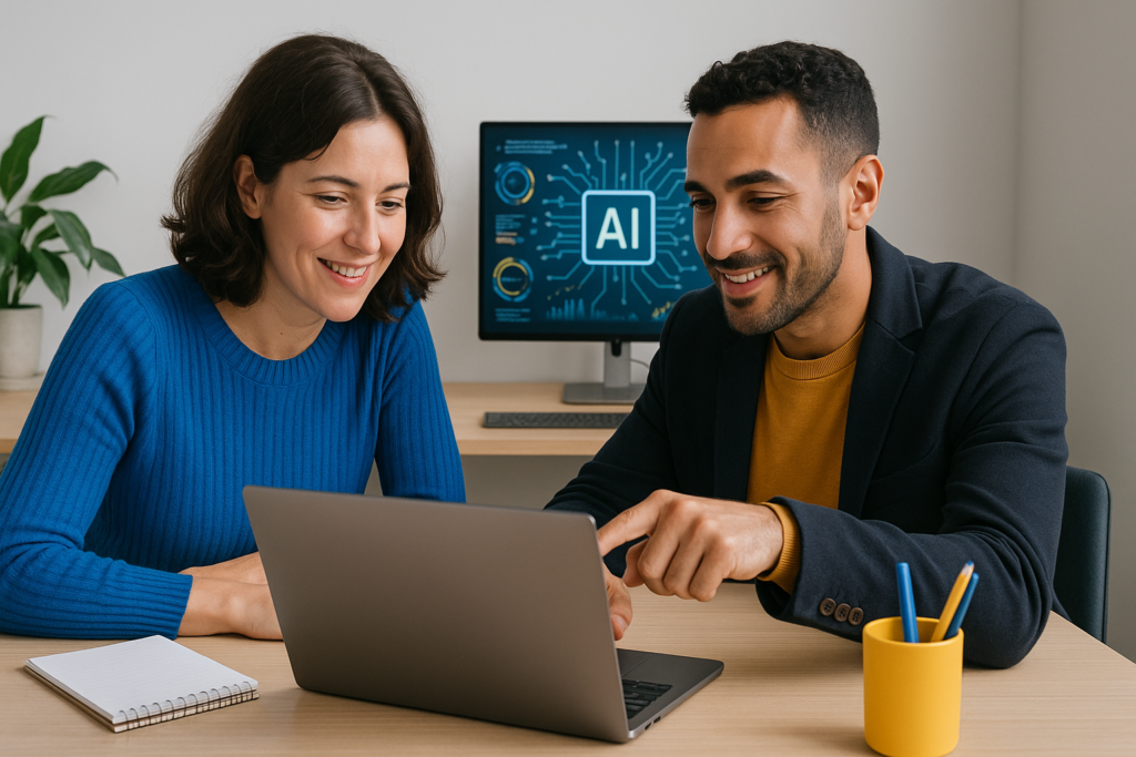 Agence IA Bordeaux : deux professionnels analysent une interface IA dans un bureau moderne à Bordeaux, illustrant une collaboration concrète et humaine autour d’outils d’intelligence artificielle.