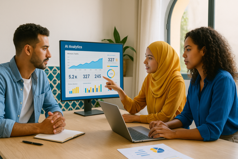 Agence IA Casablanca : trois professionnels en réunion analysent des données marketing générées par l’intelligence artificielle sur un écran, dans un bureau moderne baigné de lumière naturelle.