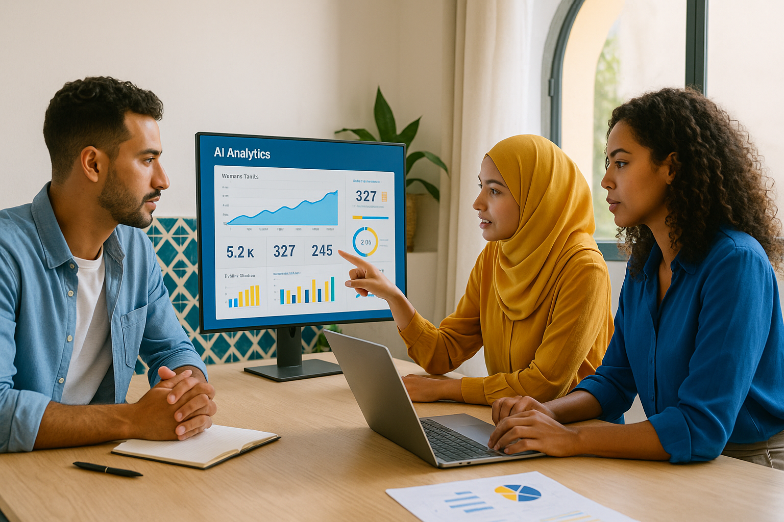 Agence IA Casablanca : trois professionnels en réunion analysent des données marketing générées par l’intelligence artificielle sur un écran, dans un bureau moderne baigné de lumière naturelle.