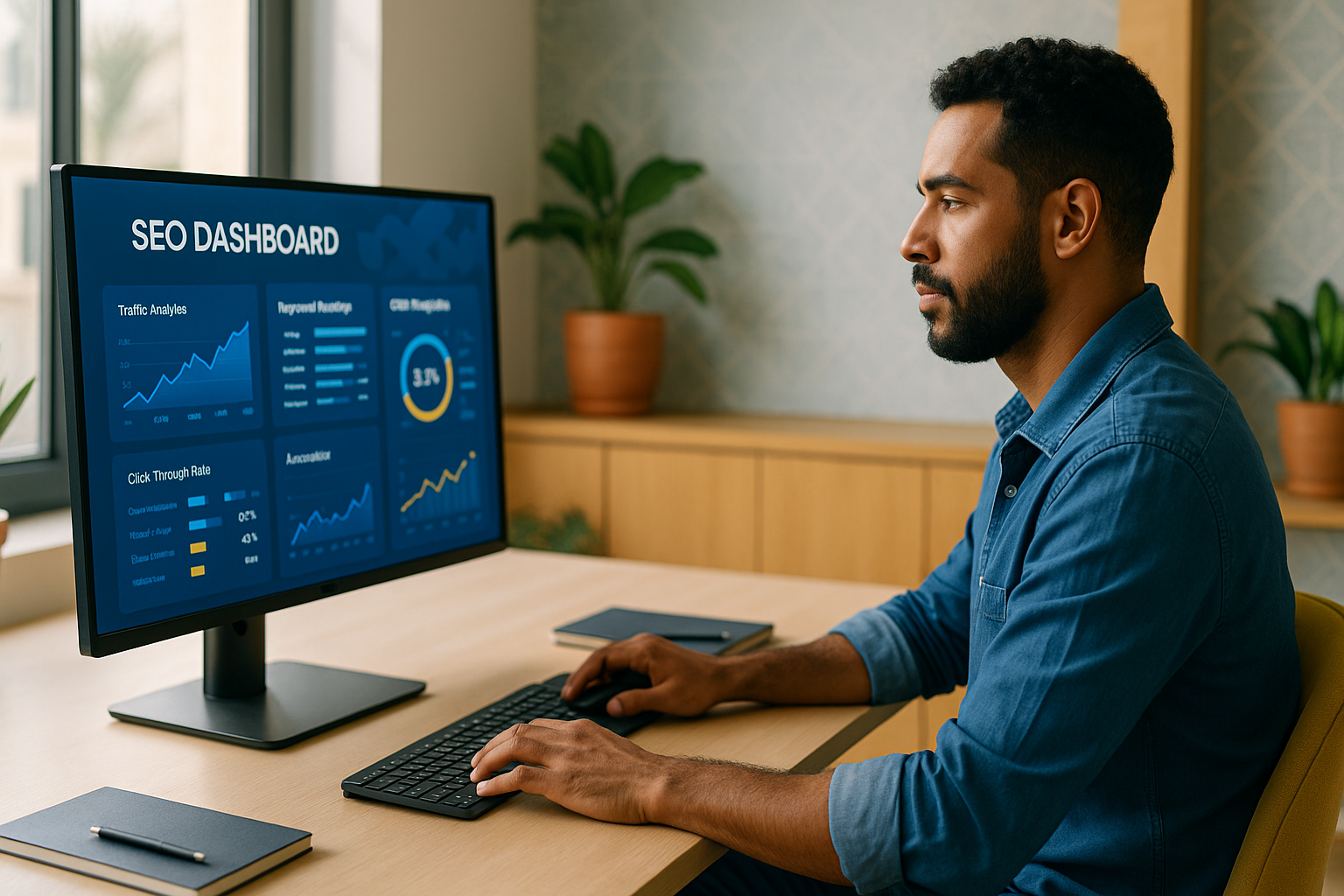 Agence IA Maroc : un professionnel marocain analyse les performances SEO sur un tableau de bord numérique alimenté par l’intelligence artificielle, dans un bureau moderne et lumineux.