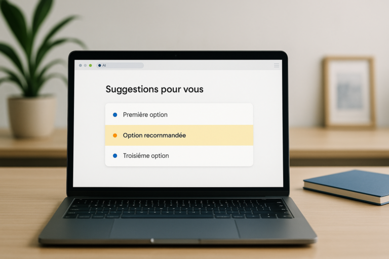 Algo IA : interface de recommandations intelligentes affichée sur l’écran d’un ordinateur portable dans un espace de travail moderne et minimaliste
