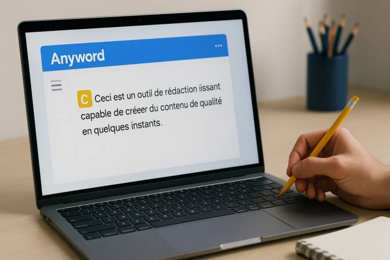 Anyword IA utilisé sur un ordinateur portable, montrant un outil de rédaction automatique simple et rapide dans un cadre de travail moderne.
