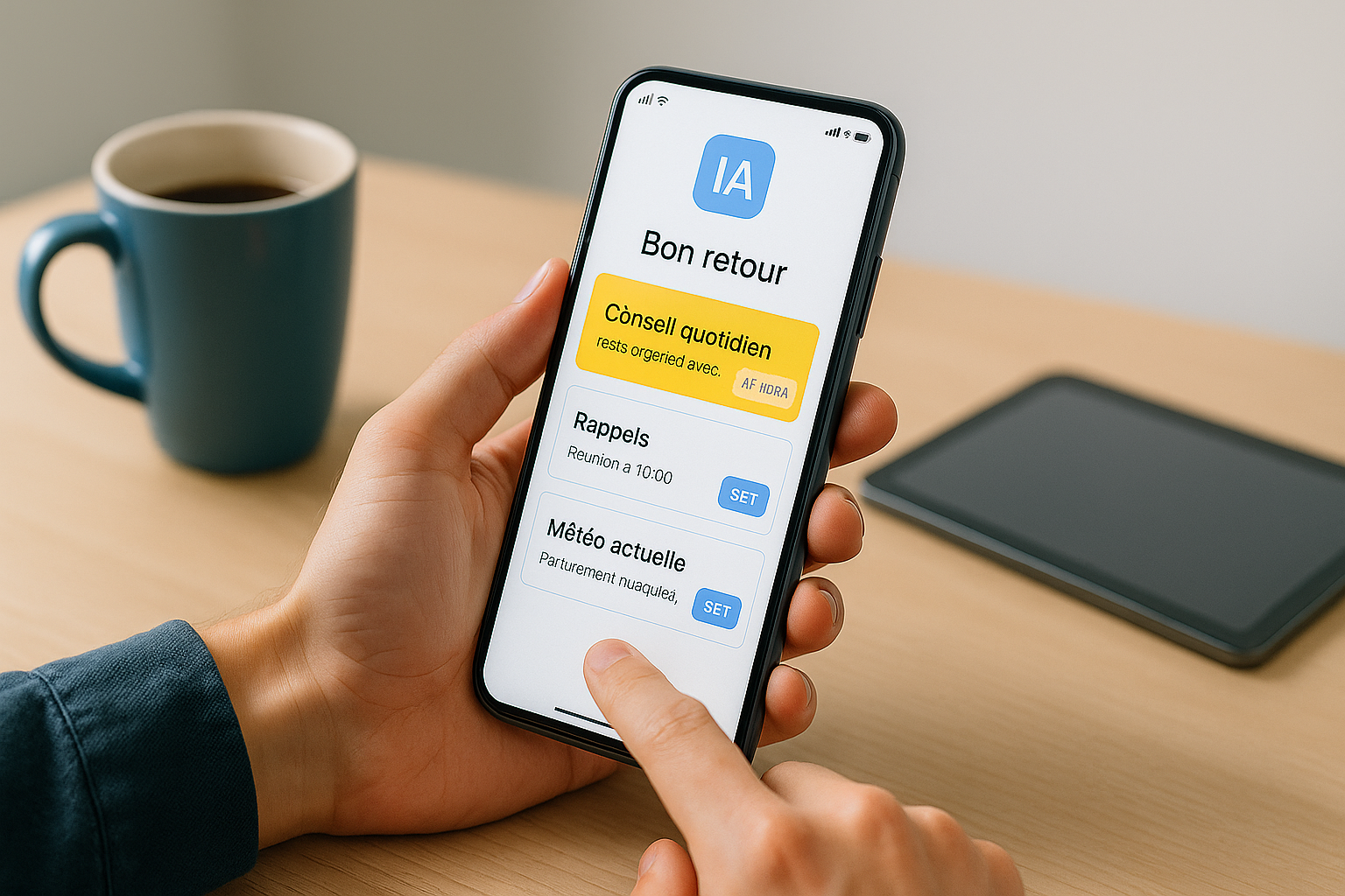 App IA affichée sur un smartphone tenu en main, avec interface minimaliste proposant des rappels intelligents et une météo personnalisée