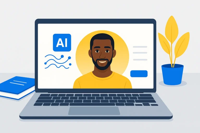 Avatars IA affichés sur un ordinateur portable dans une interface intuitive de création d’avatar personnalisable, avec un personnage souriant en arrière-plan.