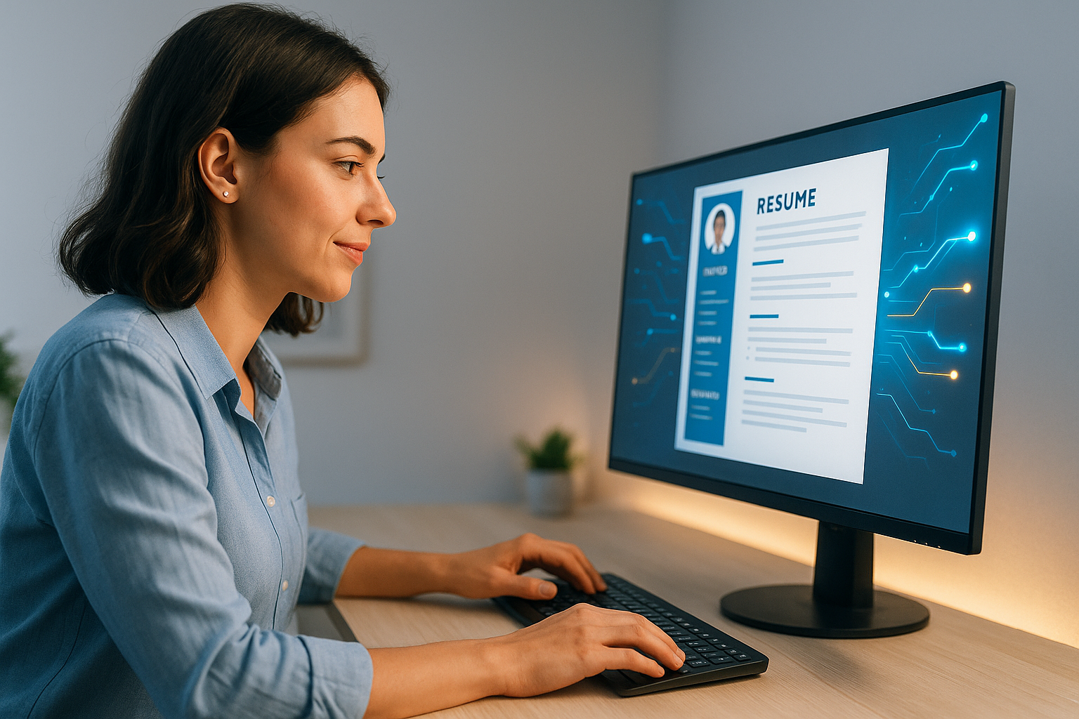 CV IA : une jeune femme crée un CV professionnel à l’aide d’un outil intelligent sur son ordinateur, dans un environnement de travail moderne et épuré.