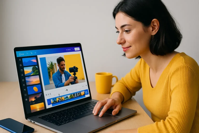 Canva montage VIDEO sur ordinateur portable avec une femme concentrée en train d’éditer un clip vidéo