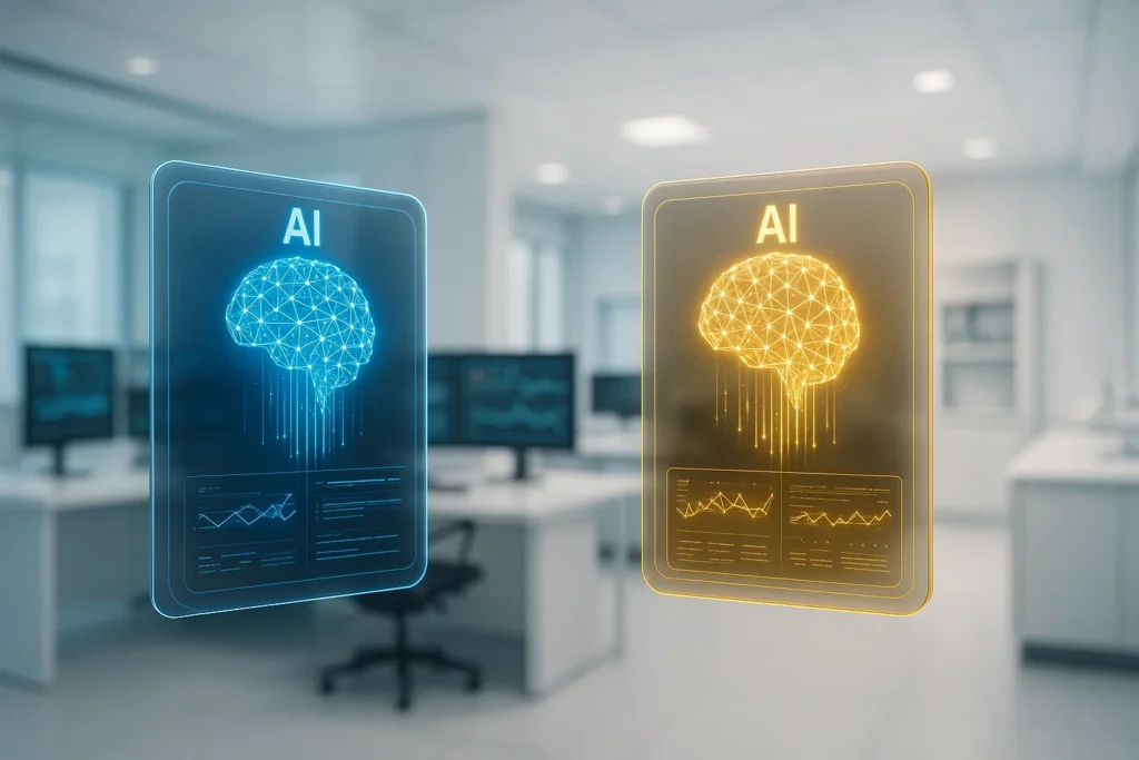 Claude 4 représenté par deux interfaces holographiques d'intelligence artificielle dans un laboratoire technologique moderne