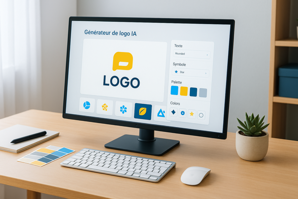 Créer un logo avec IA à l’aide d’un générateur affiché sur un écran d’ordinateur dans un bureau moderne et lumineux