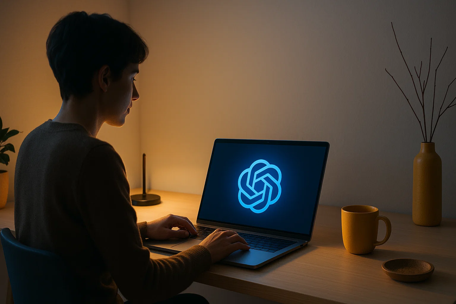 Formation Prompt ChatGPT dans un bureau moderne avec un utilisateur concentré sur un écran affichant une interface IA lumineuse en bleu.