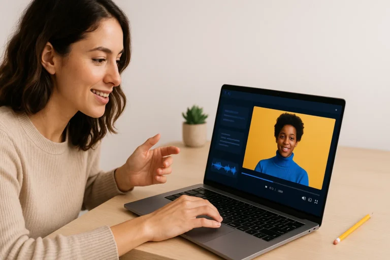 Générateur de vidéos IA affiché sur un écran d’ordinateur avec interface de montage, portrait animé et onde sonore visible
