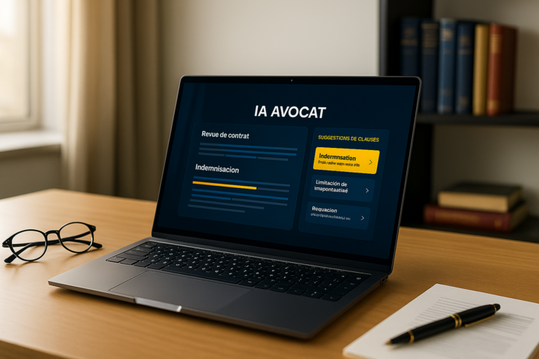 IA Avocat : application d’intelligence artificielle affichée sur un ordinateur portable dans un bureau juridique moderne