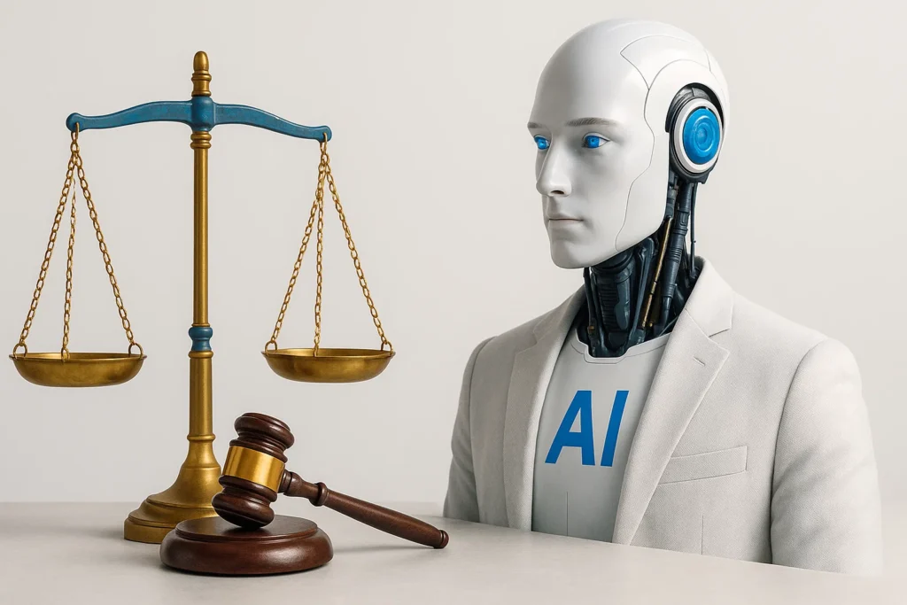 IA avocats représentée par un robot en costume face à une balance de justice et un marteau de juge