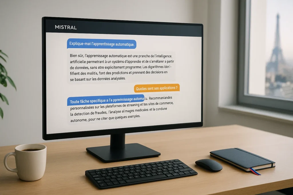 IA Française : interface conversationnelle affichée sur un écran dans un bureau moderne avec vue sur Paris