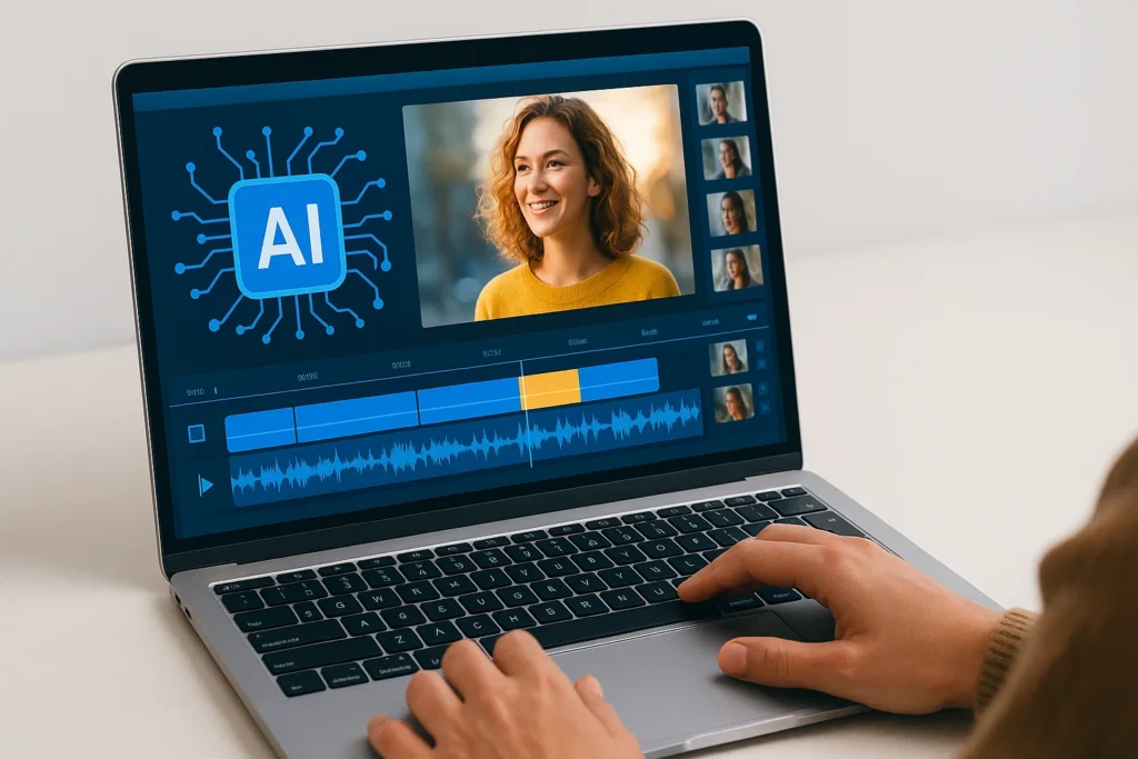 IA vidéos affichée sur un écran d’ordinateur montrant un logiciel de montage avec intelligence artificielle et portrait retouché