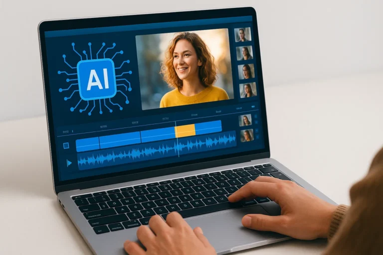 IA vidéos affichée sur un écran d’ordinateur montrant un logiciel de montage avec intelligence artificielle et portrait retouché