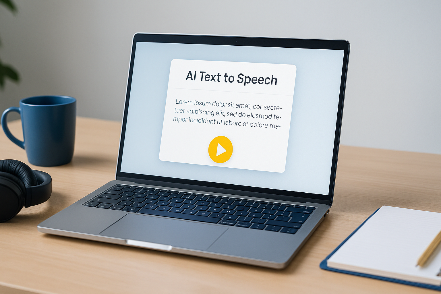 IA de lecture du texte affichée sur un ordinateur portable dans un environnement de travail moderne, avec onde sonore et bouton lecture visibles à l’écran
