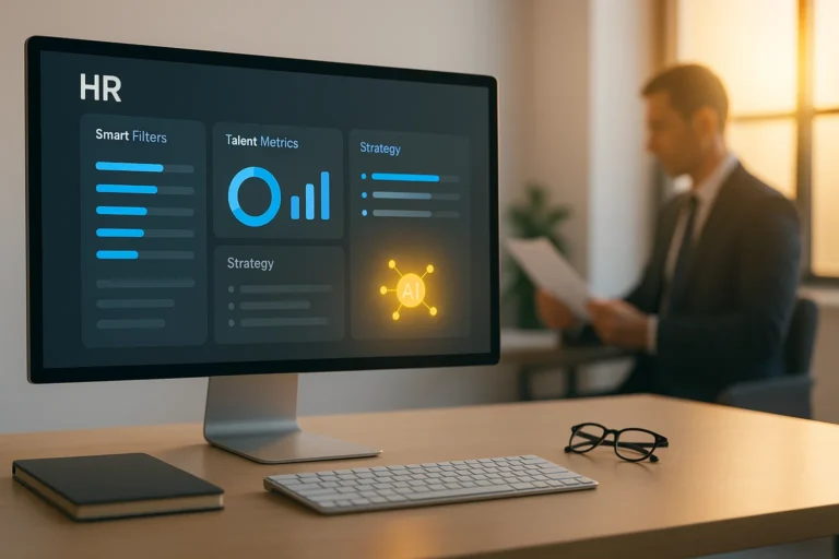 IA et ressources humaines : tableau de bord numérique affichant des données RH assistées par intelligence artificielle dans un bureau moderne