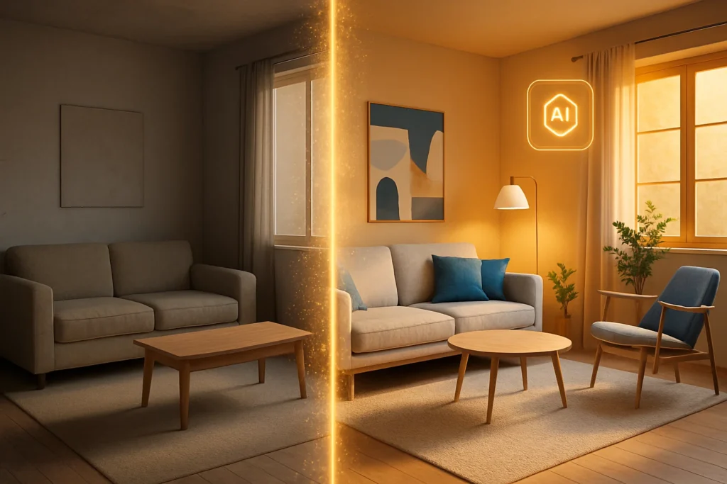 IA gratuit de décoration : transformation d’un salon terne en pièce moderne et lumineuse grâce à une intelligence artificielle de relooking intérieur.