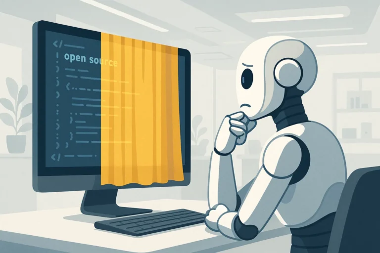 IA open source : un robot perplexe devant un écran partiellement masqué par un rideau doré