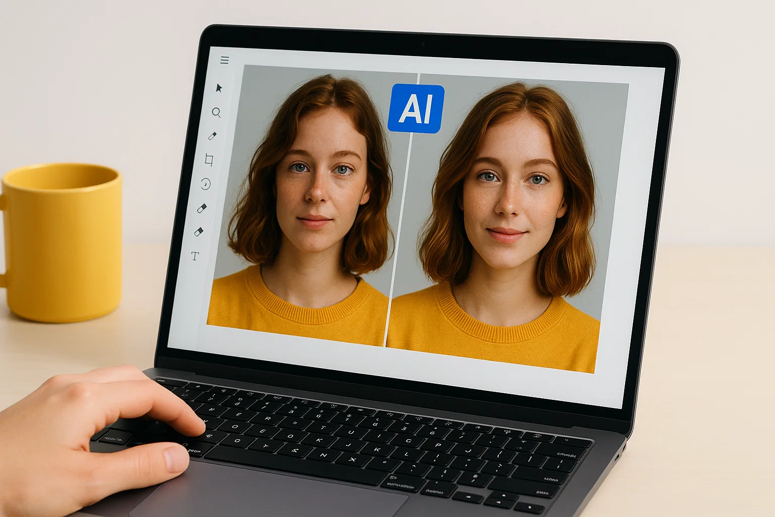 ia retouche photo sur écran d’ordinateur affichant un avant-après de portrait amélioré avec une interface intuitive