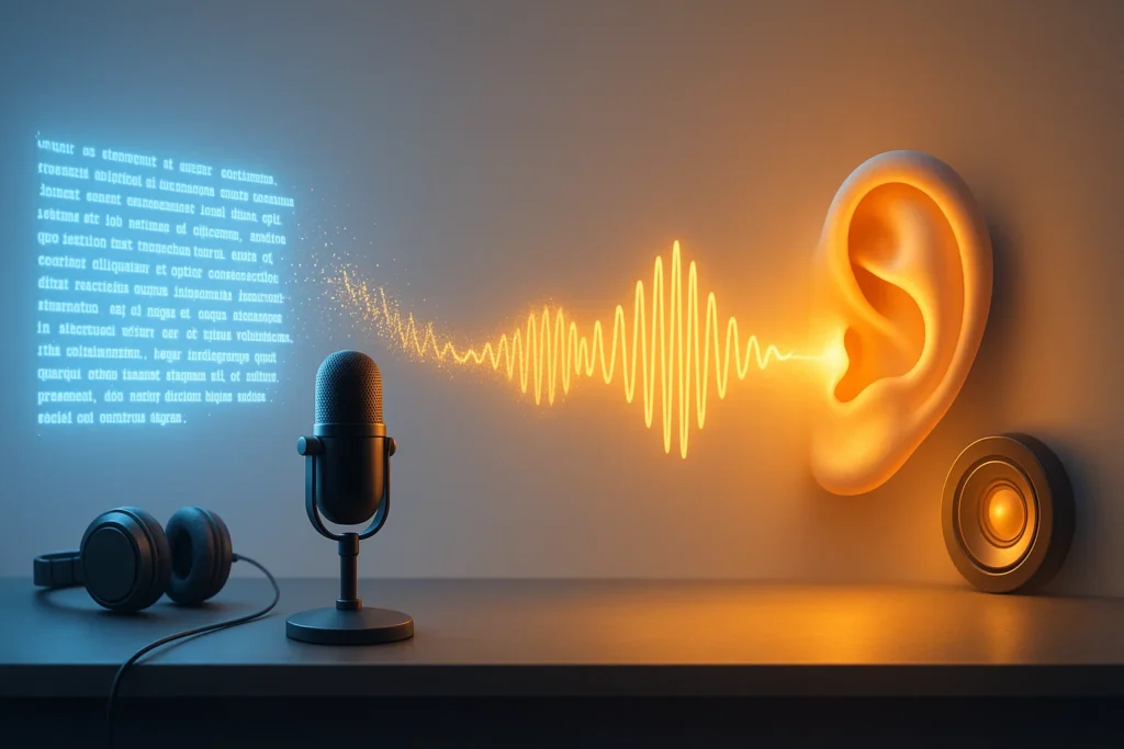 IA texte to speech : Illustration d’un texte numérique transformé en onde sonore réaliste par intelligence artificielle, allant d’un micro vers une oreille humaine.
