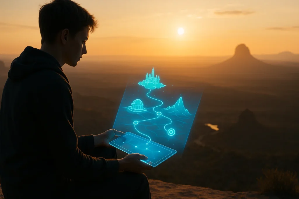 IA voyage : un voyageur contemple un itinéraire personnalisé projeté en hologramme depuis une tablette, au sommet d’un paysage naturel au coucher du soleil.