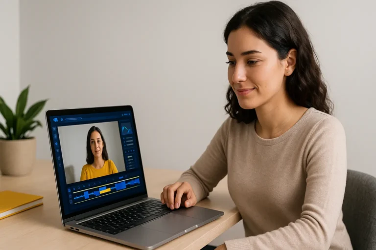 InVideo AI Avis : une jeune femme concentrée crée une vidéo IA sur son ordinateur portable, dans un espace de travail lumineux et épuré.
